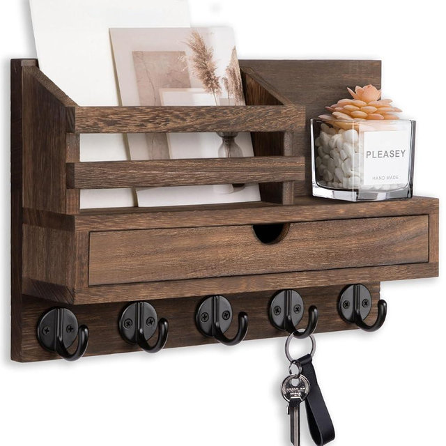 Lucundm Key Holder Wall Mount, Mail Holder with Storage Drawer and 5 Key Hooks for Coat, Dog Leash, Home Decor Rack, House Accessories, Entry Way Organizer