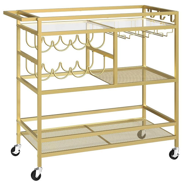 MAHANCRIS Bar Cart for Home, 3-Tier Serving Cart with Wheels and Handle, Beverage Cart with Wine Rack and Glass Holders, Rolling Wine Cart for Kitchen, Dining Room, Gold RCGD81B01