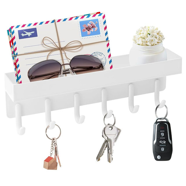 VIS'V Key Holder Wall Mount, Magnetic Key Rack with Tray, 6 Hooks, White | 2 Mount Options, Metal Material, Compact Discreet Design, for Fridge, Kitchen, Entryway, Hallway, Doorway, Garage, Camper