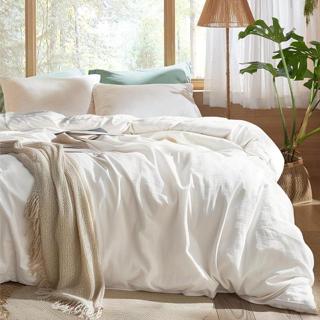 Bedsure 100% Muslin Cotton Duvet Cover Queen Size - Ultra-Soft, Breathable & Lightweight - Linen Like Gauze Comforter Cover Set with Zipper Closure and Corner Ties (White, Queen, 90"x90")