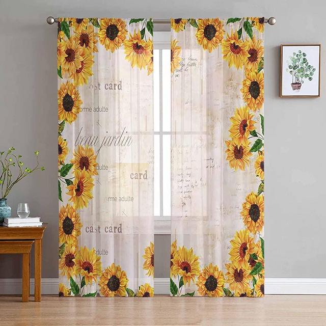 Sunflower Sheer Curtains 84 Inch Length 2 Panels Set, Yellow Floral Rustic Paper Farmhouse Curtains Semi Transparent Voile Rod Pocket Curtains for Living Dining Room Bedroom Drapes Decorations