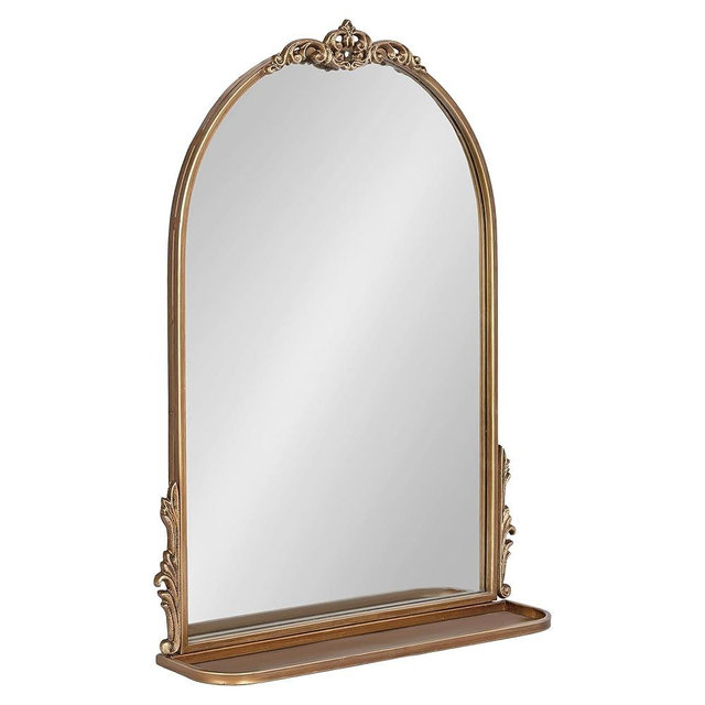Kate and Laurel Myrcelle Traditional Arched Mirror with Shelf; 21 x 28; Antique Gold; Vintage Arch Shelf Mirror with Ornate Garland Detailing Along The Crown and Edges of The Frame