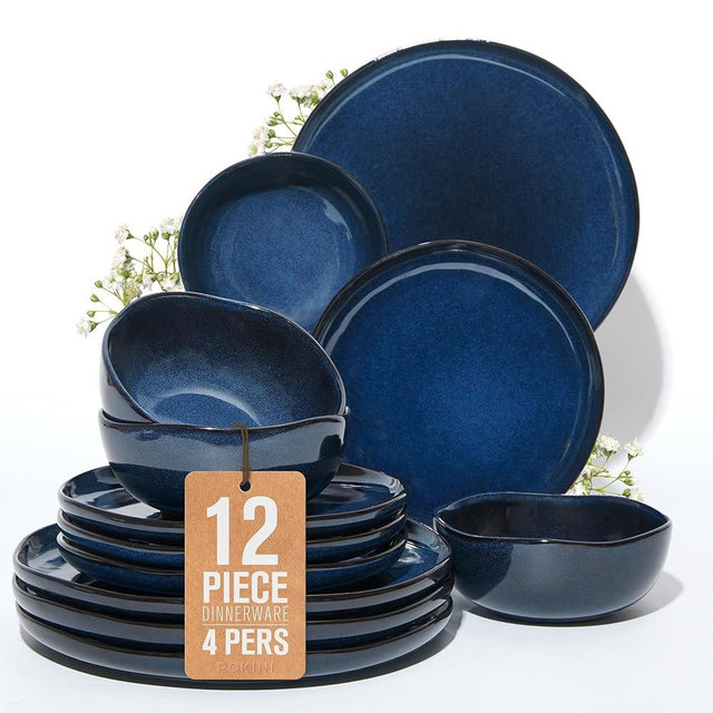 Pokini Ceramic Dinnerware Sets, Microwave Safe Plates and Bowls Sets, Kitchen Dishes Set for 4, Unbreakable & Dishwasher Safe Tableware, Everyday Use, Starry Blue