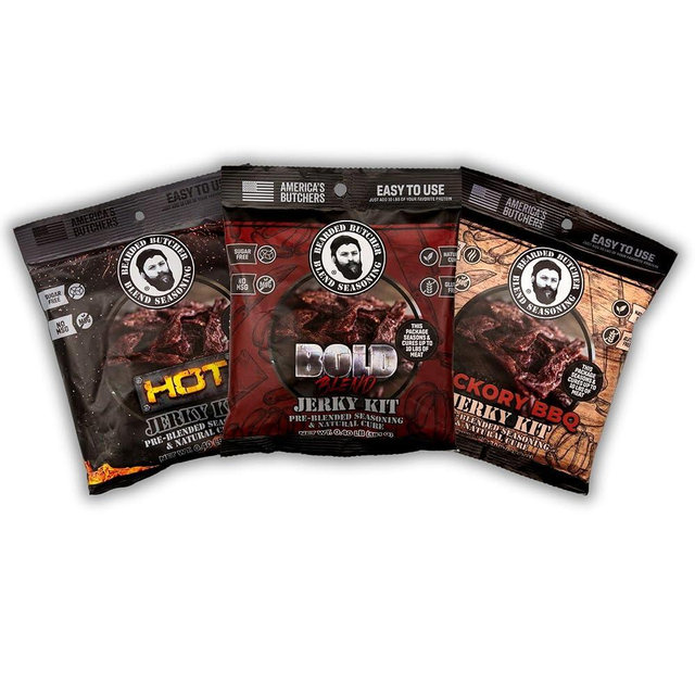 Bearded Butchers Jerky Seasoning & Natural Cure Variety 3 Pack – Hickory BBQ, Bold, and Hot Flavors – Each Makes 10 lbs of Beef, Venison, or Wild Game Jerky – Clean Label Cure with Celery & Cherry Powder