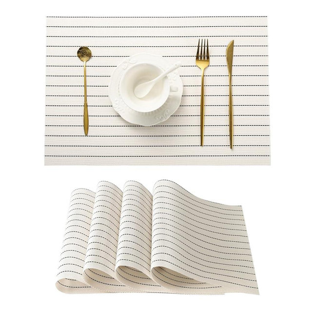 Leetaltree White with Black Stripes Placemats Set of 4 - Heat Resistant Non-Slip Place mats for Dining Table, Washable Durable PVC Vinyl Woven Table Mats（White Stripes, 4）