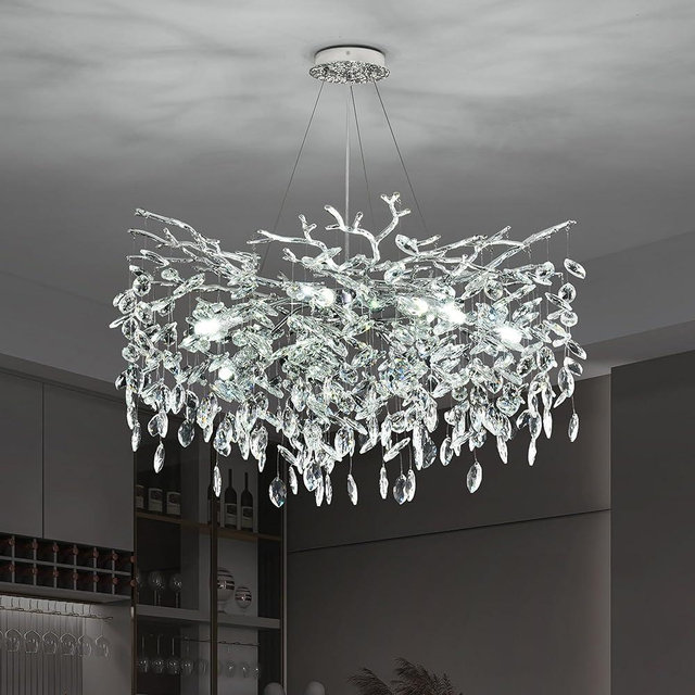 Upfelw Modern Crystal Tree Branch Chandelier, D23.7'' Luxury Chrome Round Art Deco Raindrop Pendant Lighting Fixture for Dining Room Living Room Bedroom Foyer 8 Lights