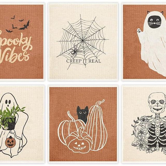 AnyDesign 6Pcs Halloween Swedish Dishcloths Ghost Pumpkin Skeleton Kitchen Dish Towels Reusable Washable Scary Cotton Kitchen Towels for Baking Cooking Home Kitchen Decor, 6.7 x 7.7 Inch