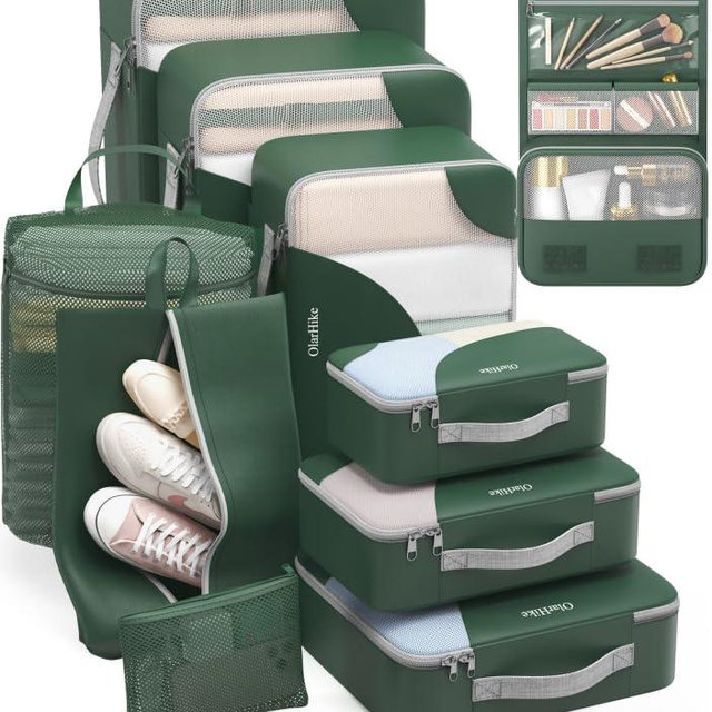ALL INCLUDED 10 Set Durable Packing Cubes for Travel,Christmas Gifts for Women Mom, UPGRADED Anti-Tear Stitching, NEW Improved Luggage Packing Organizers for Suitcases Accessories (Dark Green)