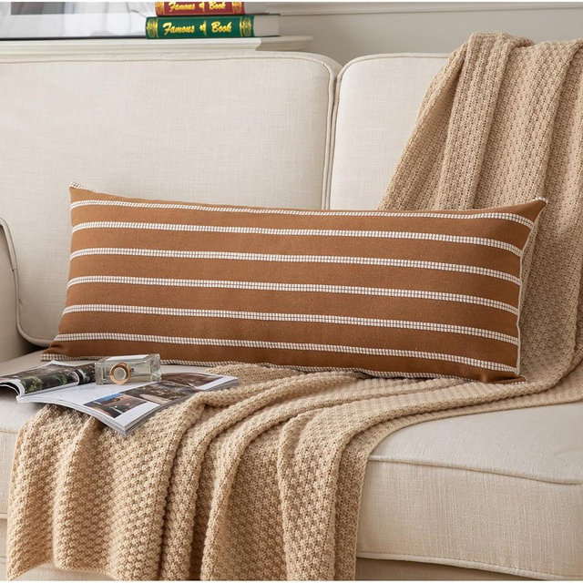Boho Lumbar Throw Pillow Cover 14X36 Long Soft Farmhouse Decorative Couch Pillow Cases Brown Striped Body Pillow Covers Neutral Cushion Covers for Sofa Bed Living Room Home Decor Pack of 1
