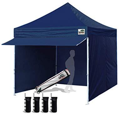 Eurmax 10 x 10 Pop up Canopy Commercial Tent Outdoor Party Canopies with 4 Removable Zippered Sidewalls and Roller Bag Bonus 4 Canopy Sand Bags & 24 Squre Ft Extended Awning(Navy Blue)