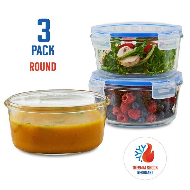 ShopoKus Glass Round Meal Prep Containers -3pk (32oz) BPA-free Airtight Food Storage Containers with Non Leaking Locking Lids, Freezer to Oven Safe Great on-the-go Portion Control Lunch Containers