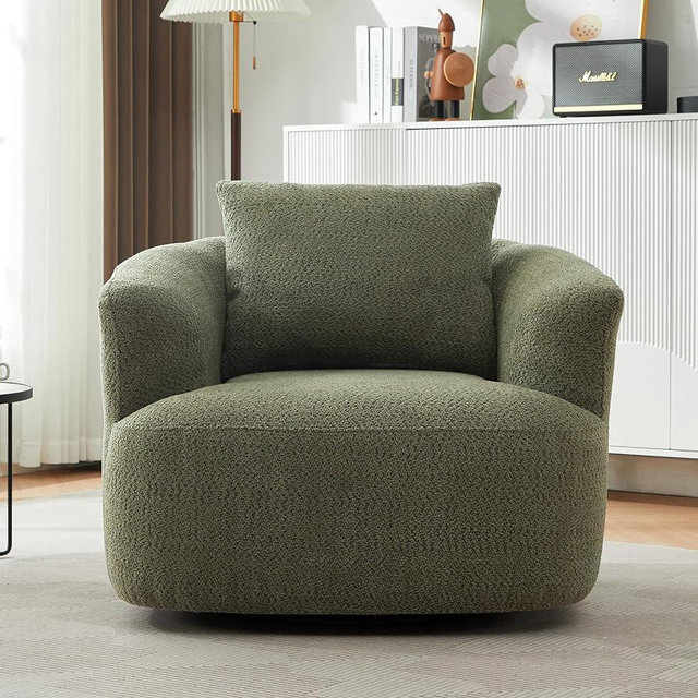 38.2" Boucle Swivel Barrel Chair - 360° Rotating Accent Armchair with Pocket Spring Cushion, Ergonomic Armrests & Throw Pillow Comfy Cloud Sofa Chair for Nursery, Living Room & Offices (Green)