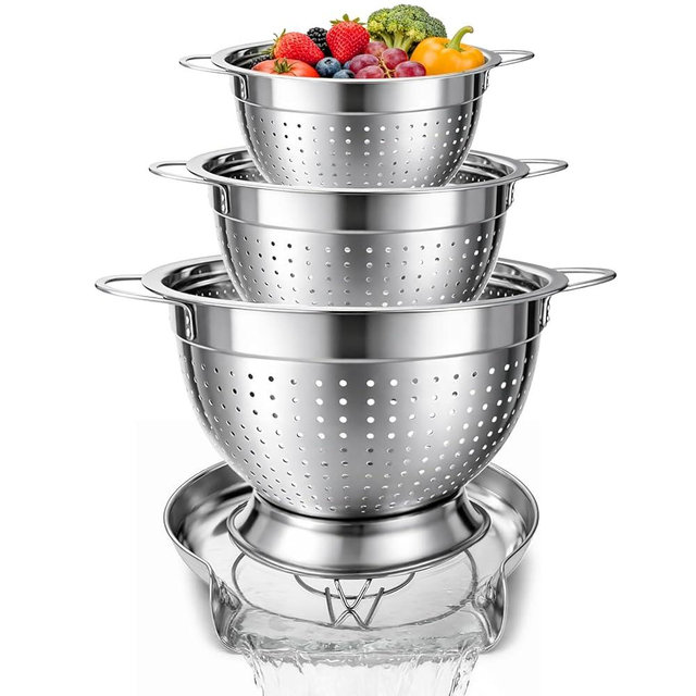XUNWKONGG Strainers and Colanders for Kitchen, 3-Piece Stainless Steel Set Pasta and Rice Strainer with Handles, Raised Draining Base for Easy Counter Use (7”, 9”, 11”)