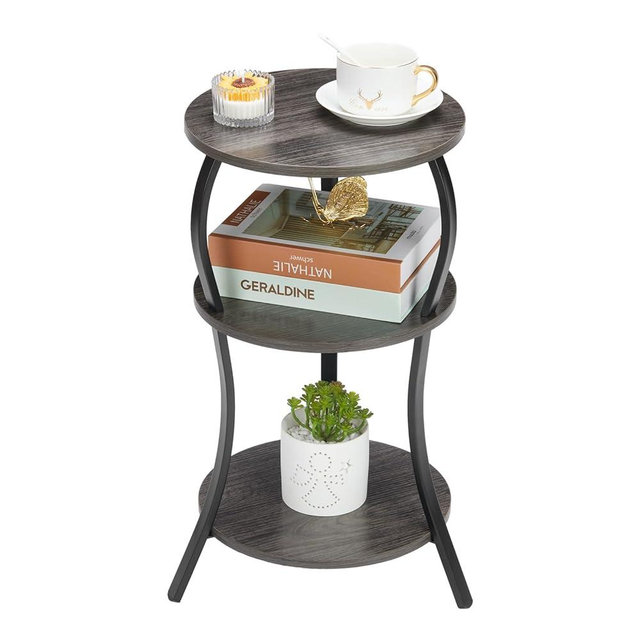 Vintage Small Round Side Table, 3-Tier Slim Waist Circular End Table with Storage Shelf, Compact Tea Sofa Side Table, Round Corner Coffee Table Nightstand for Living Room Bedroom Small Spaces,Grey