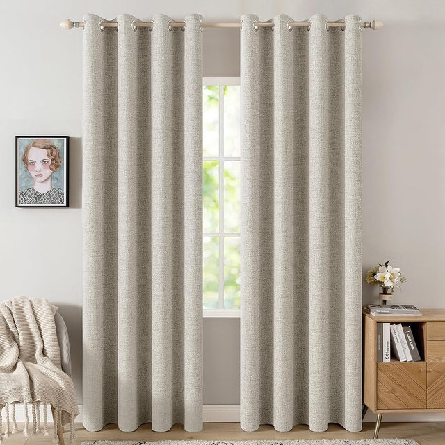 MIULEE 100% Blackout Linen Curtains for Bedroom Thermal Insulated Cobblestone Grommet Room Darkening Curtains & Drapes for Living Room 52 x 96 Inch (2 Panels)