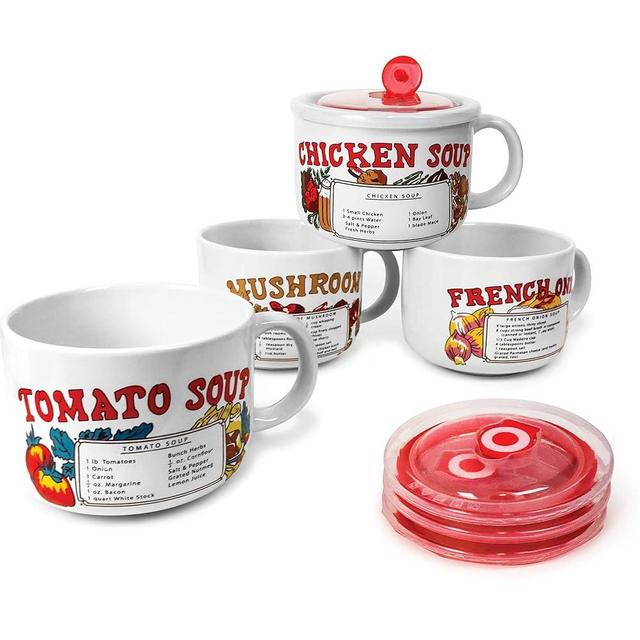 Old & Bold - 4 27 Oz Soup Bowls With Lids - Retro Soup Recipe Ceramic Mugs With Vented Lids and Handles - Pack of 4 - Microwave and Dishwasher Safe - For Soup, Instant Noodles, Cereal