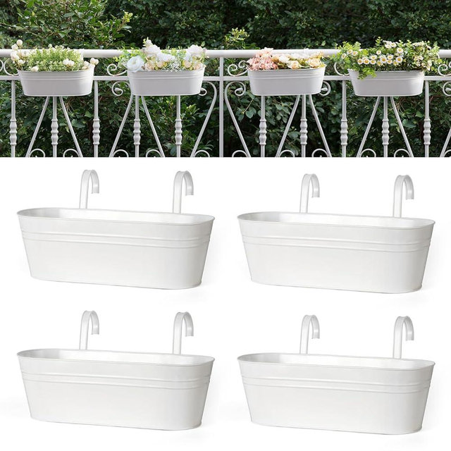 Dahey 4 Pcs Metal Iron Hanging Flower Pots for Railing Fence 15.7 Inch Hanging Bucket Pots Countryside Style Window Flower Plant Holder with Detachable Hooks for Garden Yard Home Decor, White