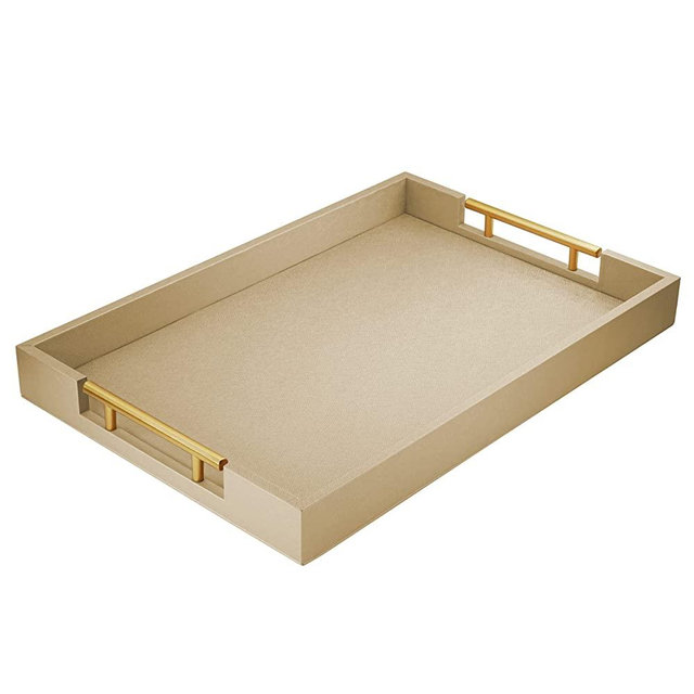 17" x 12" Wood Serving Tray with Gold Polished Metal Handles, Home Decorative Wooden Rectangle Ottoman Decor Platter Bathroom Vanity Tray for All Occasions Gold