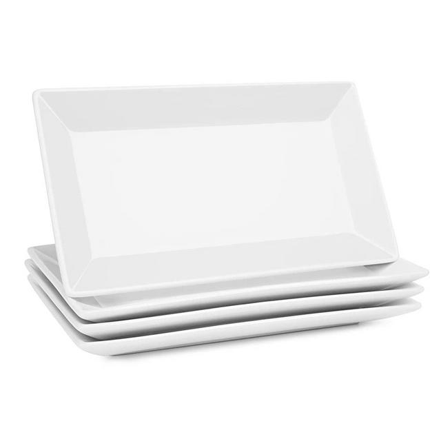 Sweese 751.101 9.8 Inch Porcelain Rectangular Plates, White Serving Trays for Parties - Stackable, Set of 4