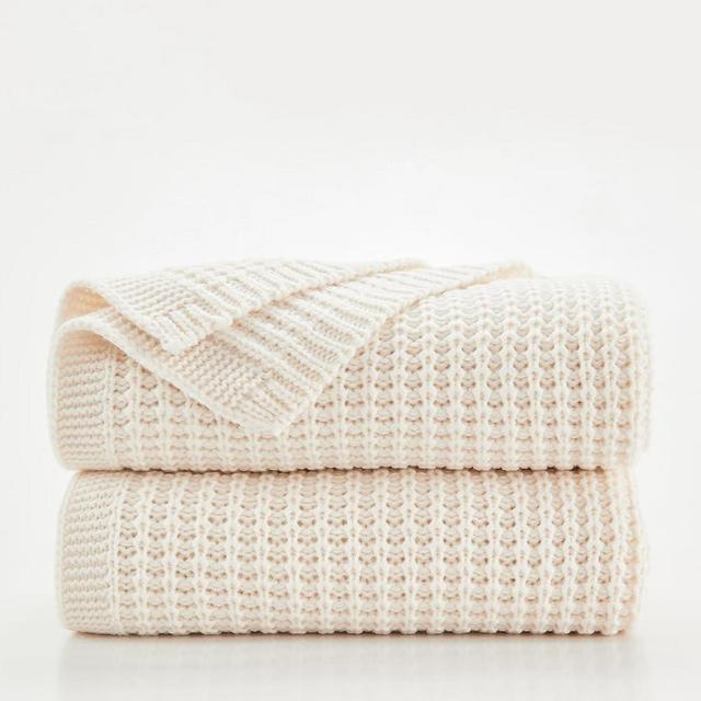 Douceur Cream Throw Blanket for Couch, Soft Chunky Cable Knit Throw Blanket, Classic Fisherman's Rib Stitch Pattern Throw for Living Room,50"X60"