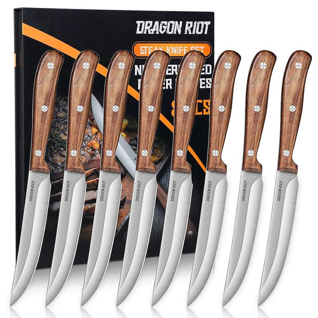 DRAGON RIOT Steak Knives Set of 8, Ultra Sharp Steak Knife Set Japanese VG-10 Stainless Steel Non Serrated Steak Knives Full Tang Wood Handle with Gift Box