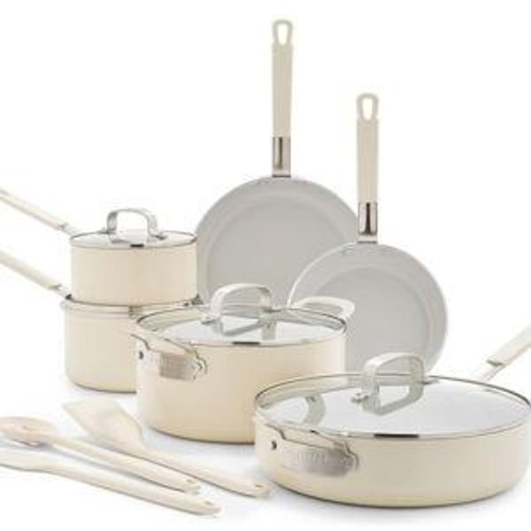 GreenPan x Bobby Flay 13 Piece Nonstick Cookware Pots and Pans Set, PFAS-Free Diamond Ceramic, Induction Suitable, Easy Clean Dishwasher & Oven Safe, Stay-Cool Silicone Handles, Glass Lids, Cream