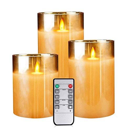 Flameless Led Candles Flickering, Yinuo Candle Real Wax Fake Wick Moving Flame Faux Wickless Pillar Battery Operated Candles with Timer Remote Glass Effect for Festival Wedding Home Party Decor