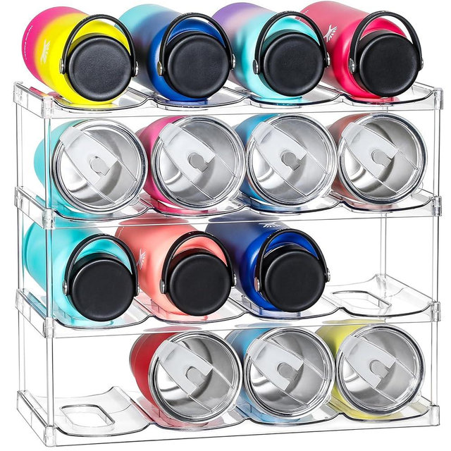 4 Tier Stackable Water Bottle Organizer Holder for Cabinet - for Stanley 40 oz & Others' Large Cup, Tumbler Organization - Clear Wine Rack, Home Kitchen Countertop Fridge Pantry Shelf Storage, Hold 16