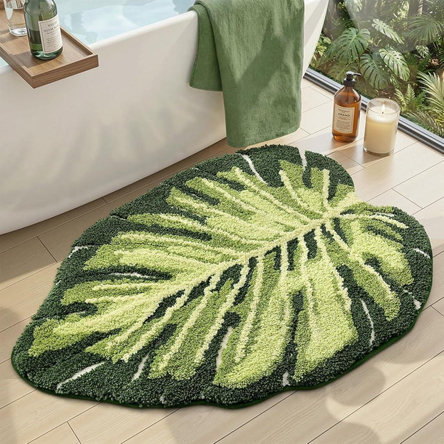 DEXI Leaf Bathroom Rugs Monstera, 31.5x47 Soft Fluffy Cute Bath Mat with Non Slip Backing, Washable Absorbent Bath Rug Quick Dry for Shower Floor, Toilet, Bedroom, Kids Room, Green