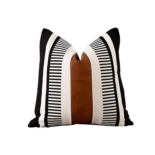 Vfuty Farmhouse Throw Pillow Covers for Couch Sofa Decorative Faux Leather Square Cushion Cover Tribal Stripe Accent Pillow Case 18 x 18 Inch