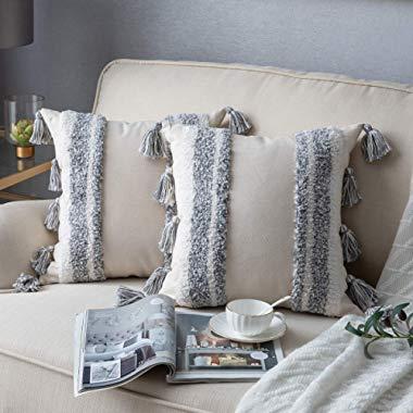 Decorative Throw Pillow Covers for Couch Sofa Bed, 2 Pack 100% Cotton Square Pillow Cases, Woven Tufted Pillowcases with Tassels, Accent Boho Cushion Covers for Farmhouse, Kids, 18 x 18 Inch Grey