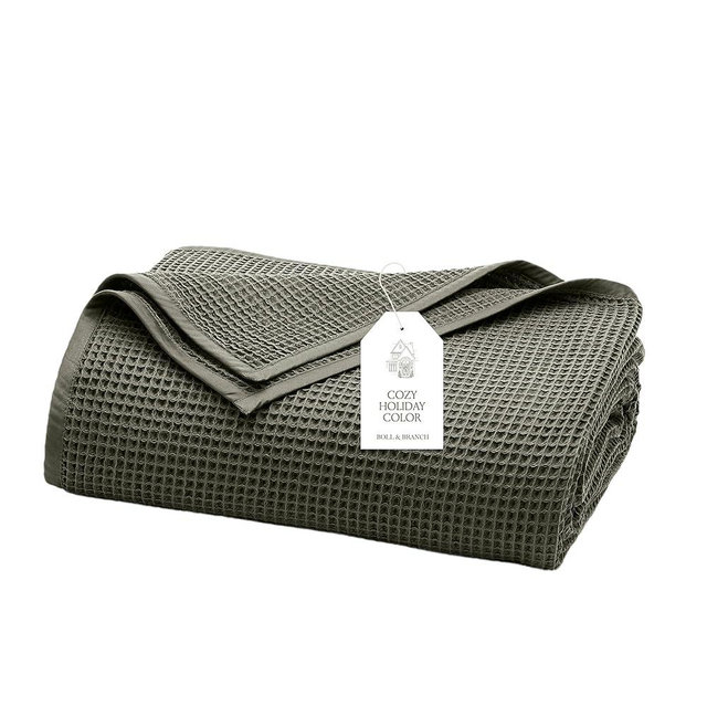 BOLL & BRANCH Waffle Bed Blanket - King/Cal King, Juniper - Luxury 100% Organic Cotton - Soft, Lightweight and Breathable - Textured Waffle Weave