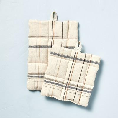 2pc Thin Stripe Plaid Woven Potholder Set Blue/Natural - Hearth & Hand™ with Magnolia
