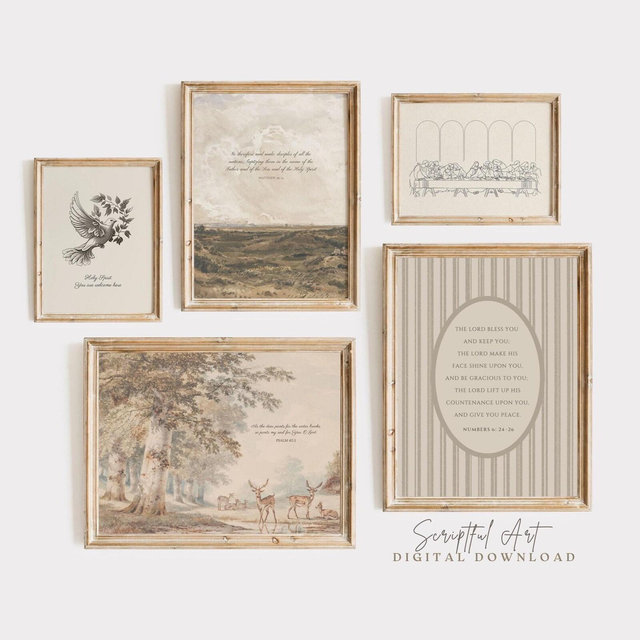 Christian Vintage Gallery Wall Neutral Bible Prints Set of 5, The Lords Blessing, The Last Supper Sketch, Great Commission, Digital Download