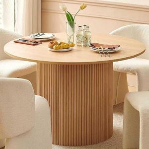 47" Round Dining Table for 4, Modern Farmhouse Kitchen Table, Circle Dining Table with Wood Strip Base, Kitchen & Dining Room Table, Oak Wood Veneer Tabletop