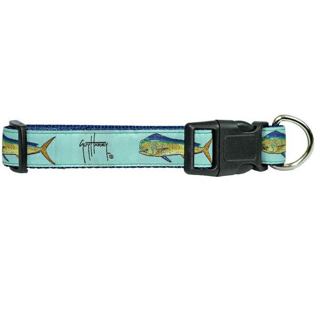 Guy Harvey Canvas Ribbon Nylon Embroidered Nautical Dog Collars 3 Sizes Marlin Dolphin (Large 22"-30", Seafoam)