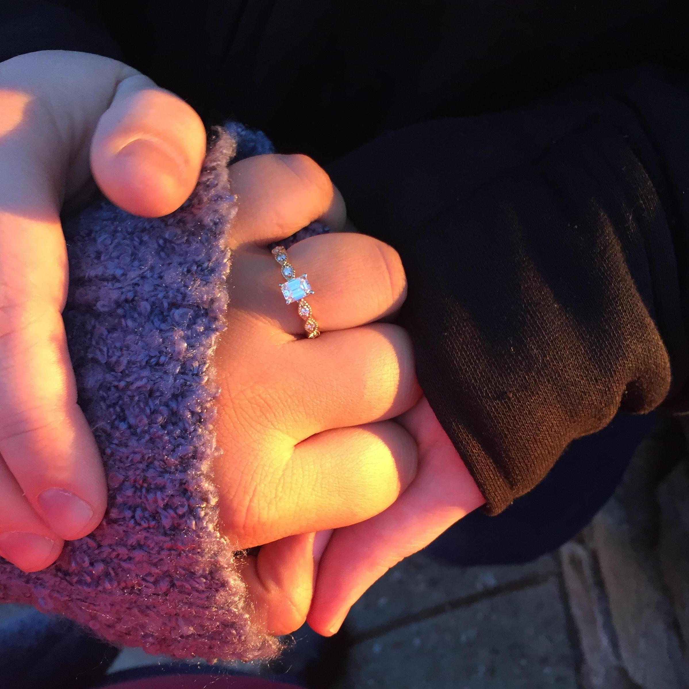 The engagement ring just after he proposed--it practically glows in the sunset!