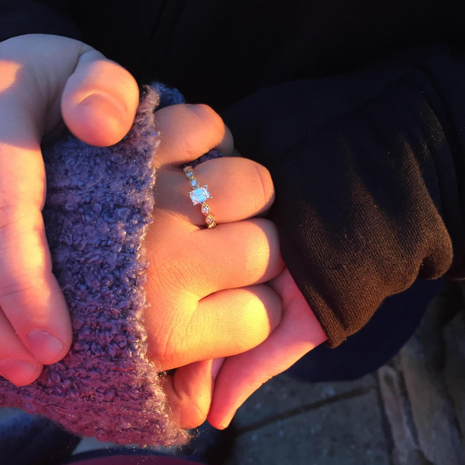 The engagement ring just after he proposed--it practically glows in the sunset!