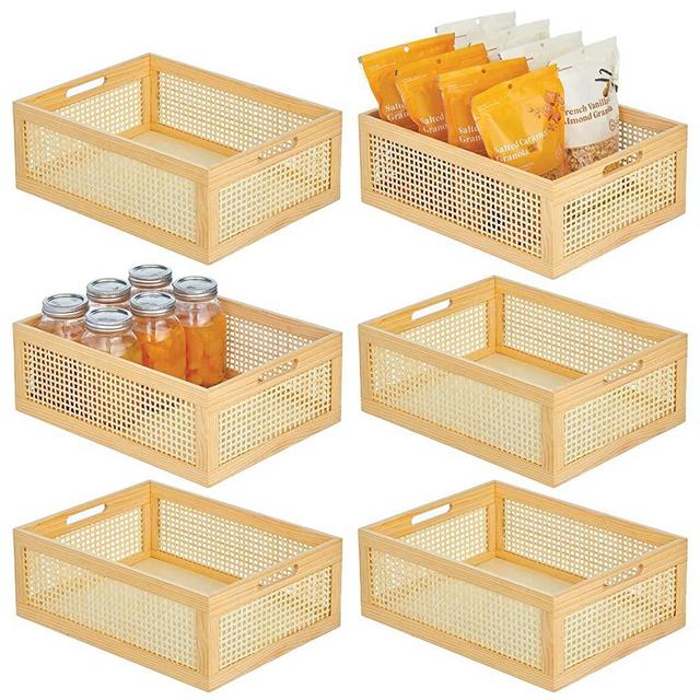 mDesign Large Decorative Wooden Crate Storage Box, Rustic Pine Wood Organizer Bin Basket w/Built-In Handles for Kitchen Pantry, Cupboard, Cabinet, Counter, Home Sort Collection, 6 Pack - Natural Pine