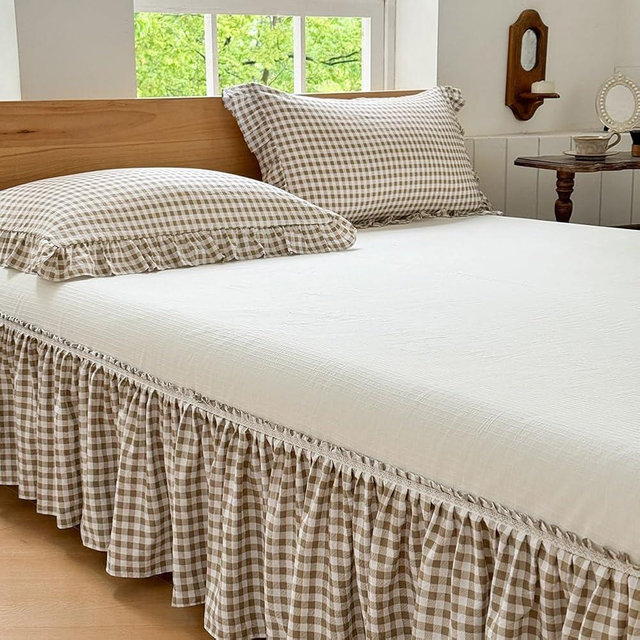 Tan Gingham Wrap Around Ruffled Bed Skirt with Lace Decor, Plaid Grid Adjustable Elastic Dust Ruffles for King Bed, 15 Inch Drop Farmhouse Cottage Pleated Bed Frame Cover(Tan Gingham, King)