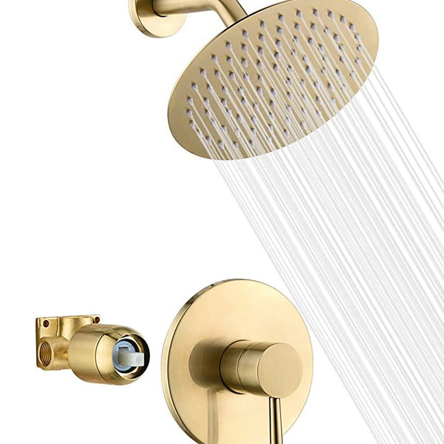 sumerain Brushed Gold Shower Faucet Set with 8 Inches Stainless Steel Rain Shower Head, Solid Brass Rough In Valve