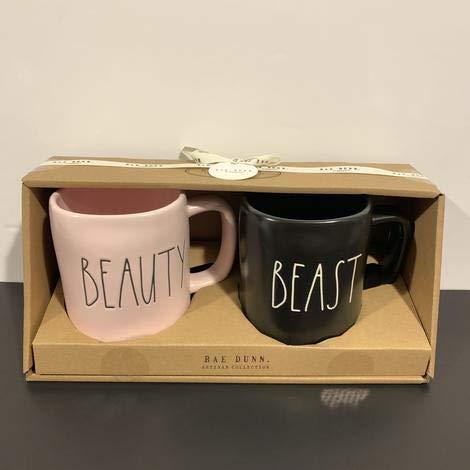 Rae Dunn"BEAUTY & BEAST" Mug Set - PINK & BLACK - ceramic - Valentine's Day gift! very rare!