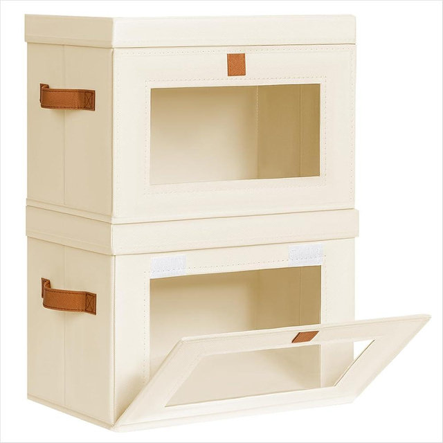 Homsorout Small Fabric Storage bins - Collapsible Storage Bins with Open Window, 2 Pack Closet Baskets for Shelves, Stackable Decorative Boxes for Home, Dorm, Beige, 13.7"x 9.8"x 9.8"
