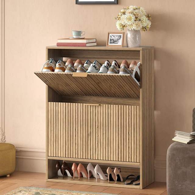 Evermagin 31.5''W Oak Shoe Cabinet Storage for Entryway, Narrow Hidden Shoe Storage with 2 Flip Drawers, Wooden Fluted Shoe Rack for Foyer, Hallway