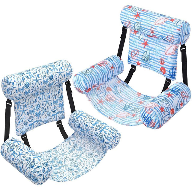 Threehoney 2 Pack Large Pool Chair Floats Adult Inflatable Pool Lounge Chair Summer Pattern Water Floating Chair Adjustable Pool Float Hammock for Swimming Pool Beach Party Game