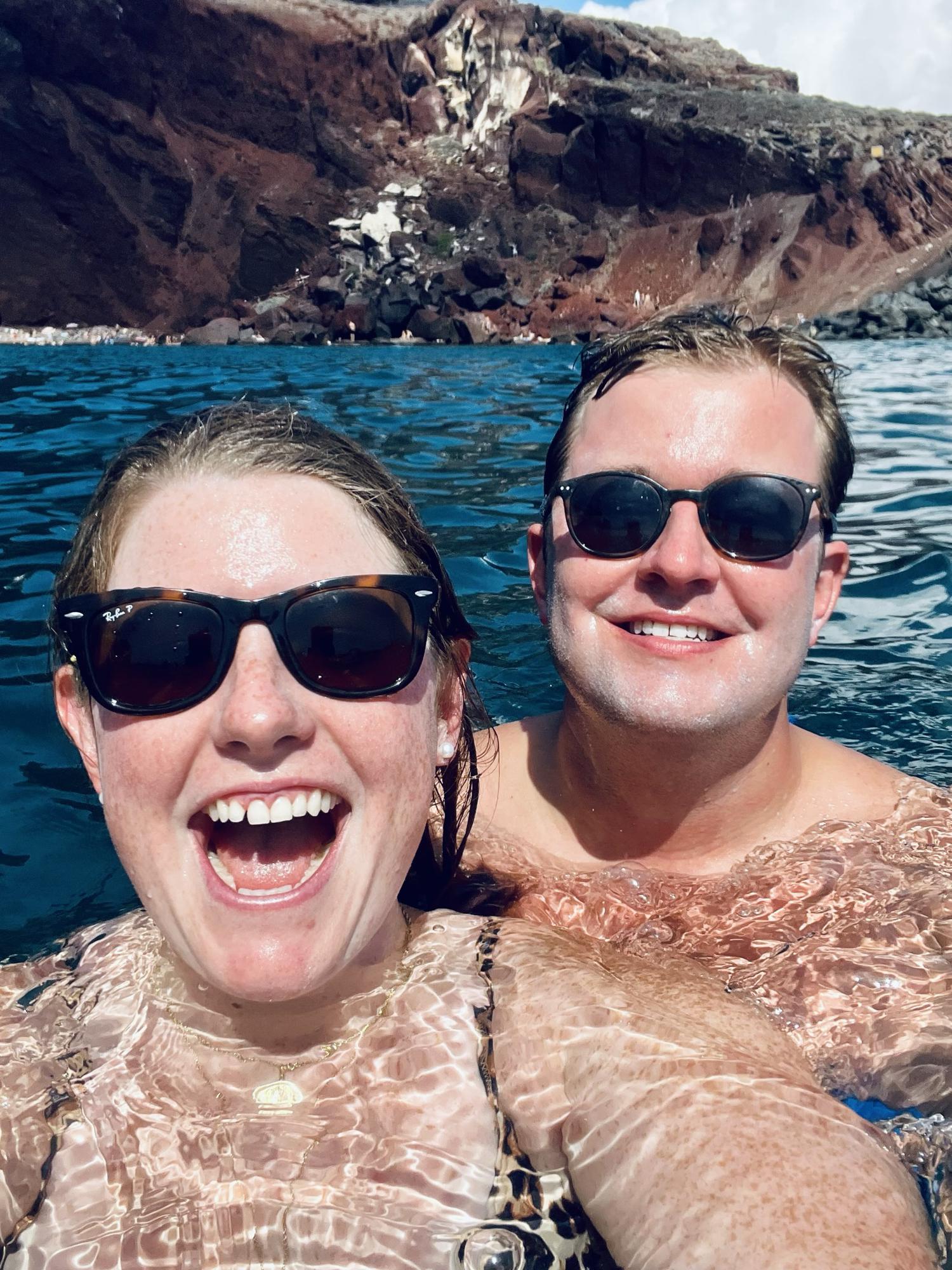 Swimming in the caldera around Santorini, August 2022.