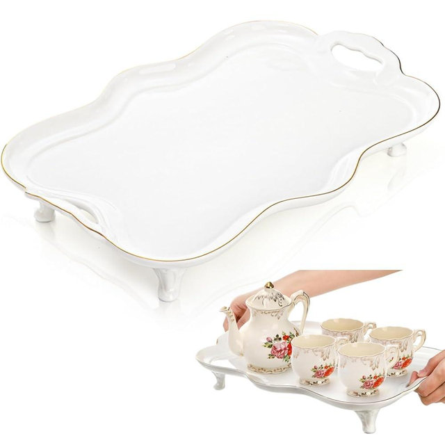 Tlence 16" Ceramic Serving Tray with Handles, Vintage Large Serving Platter, Luxury British Style Coffee Table Tray, Decorative Dish with Golden Rim, Rectangular Tea Tray for Perfume for Living Room