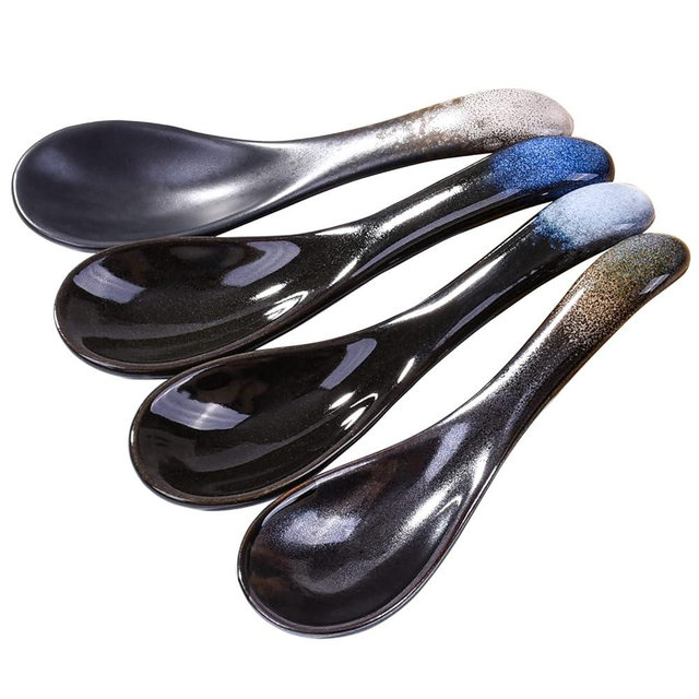 Ceramic Asian Soup Spoons Set of 4 Chinese and Japanese Tablespoons Porcelain Rice Spoons for Ramen Pho Miso and Wonton