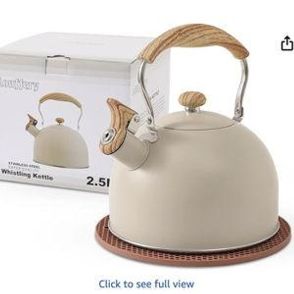 LONFFERY Tea Kettle for Stove Top, 2.5 Quart Whistling Tea Kettle, with Food Grade Stainless Steel and Wood Pattern Folding Handle, Creamy White