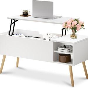 White Coffee Table Lift Top - Coffee Table with Solid Wood Legs, Hidden Storage Compartment & Open Shelves - 40" Lift Up Coffee Tables for Living Room